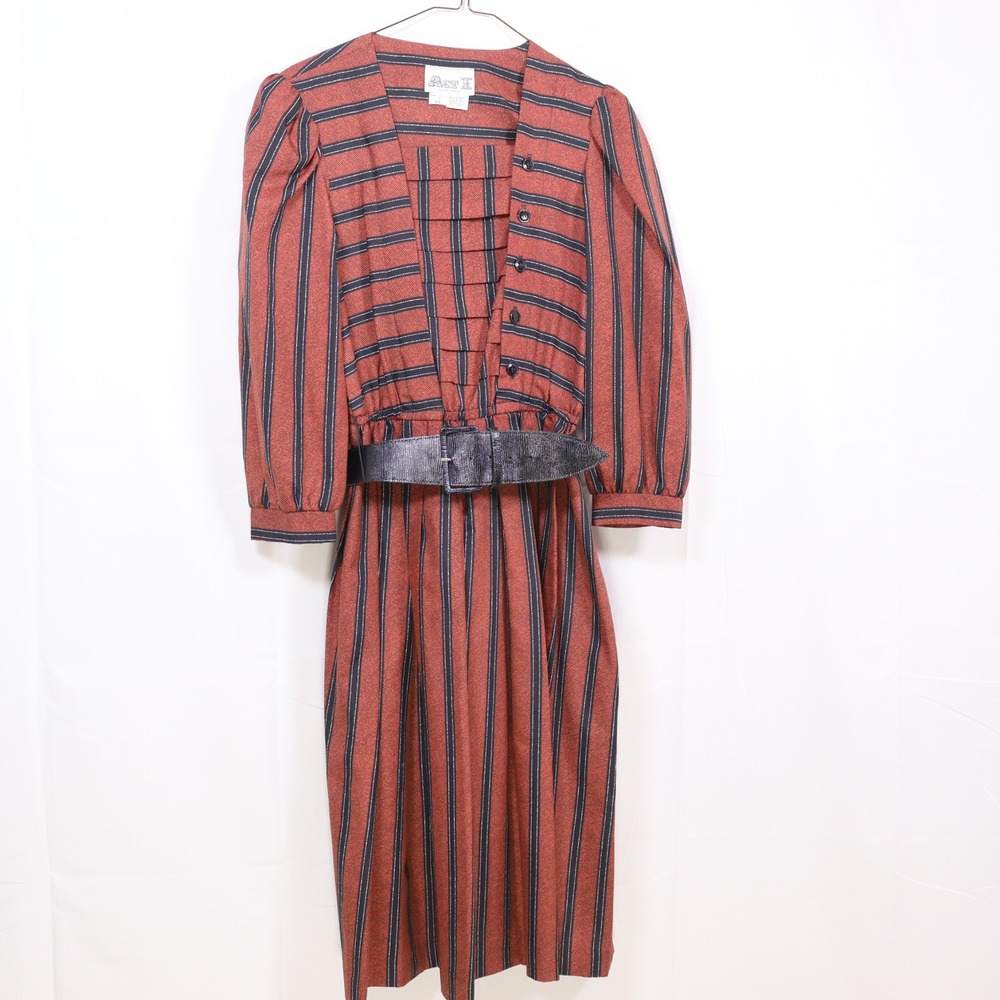 Act I‎ Striped Midi Dress 5/6 Rust Womens Vintage Belted Secretary